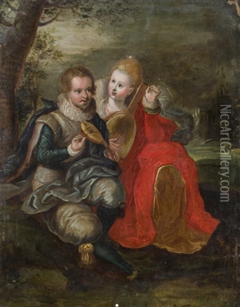 Musizierendes Paar Oil Painting - Gaspar van den Hoecke