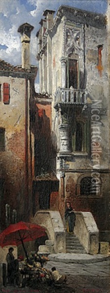 Blumenverkaufer Vor Dem Eingang Zu Einem Venezianischen Palazzo Oil Painting - Ludwig Dittweiler
