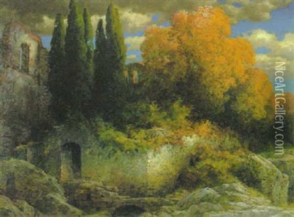 Sudliche Landschaft Im Herbst Oil Painting - Traugott Hermann Ruedisuehli