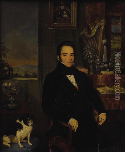 Portrait Of An Elegant Gentleman In His Study Oil Painting - Leopold Fertbauer