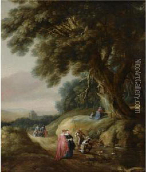 A Wooded Landscape With Elegant 
Travellers And Huntsmen On Apath, With A Woman And A Child Praying At A 
Shrine Oil Painting - Gillis Egidius I Peeters