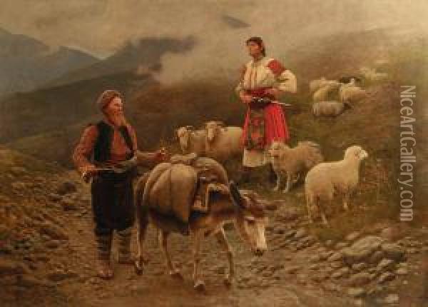 Spotkanie W Gorach, 1896 R. Oil Painting - Antoni Piotrowski