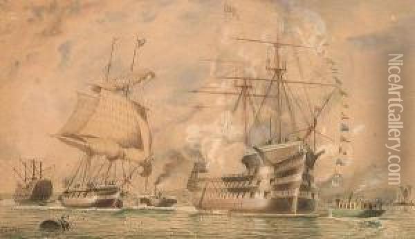 Ships Of The Line And A Steam Vessel, Possibly Portsmouth. Oil Painting - William Edward Atkins