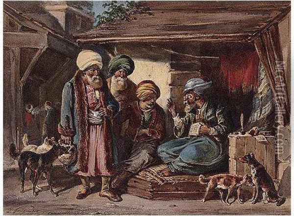 Merchants At A Bazaar In Constantinople Oil Painting - Joseph Zephyris Gengembre