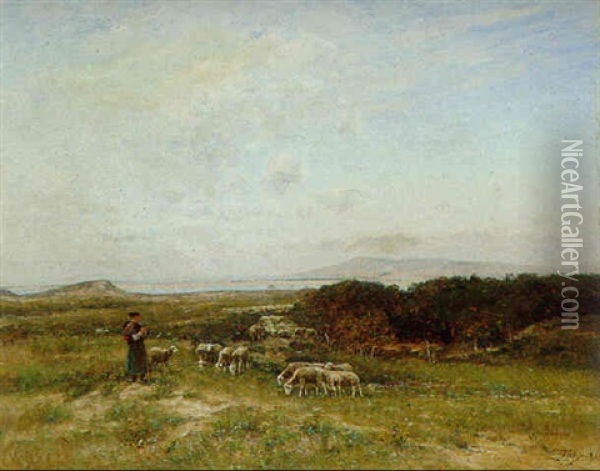 Schaferin Mit Herde In Weiter Heidelandschaft Oil Painting - Louis Aime Japy