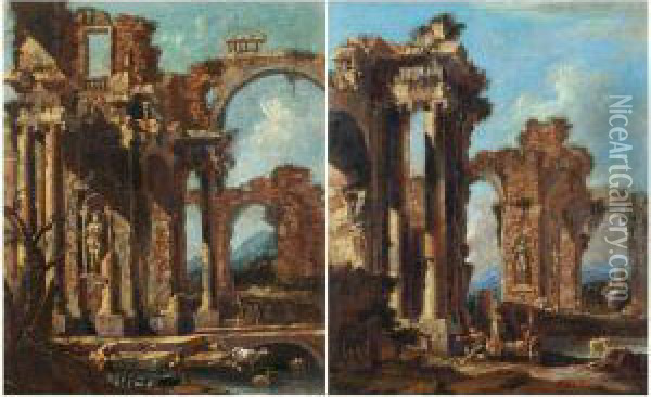 Architectural Capricci With Figures Among Ruins: A Pair Of Paintings Oil Painting - Nicola Viso