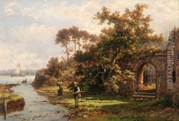 Flusslandschaft Mit Ruine Und Fischern Oil Painting - Hermanus Koekkoek the Younger