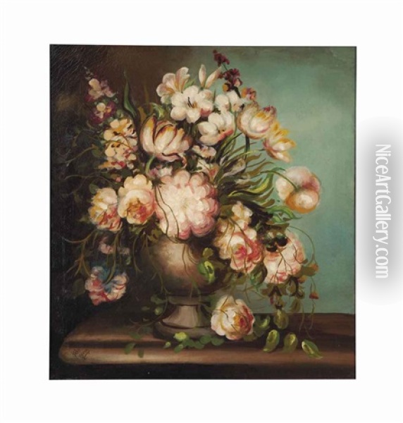 Still Life With Peonies In A Vase On A Stone Ledge Oil Painting - Robert Harris