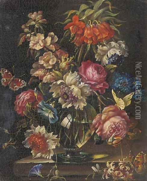 Mixed flowers in a glass vase on a ledge, with a snail and two butterflies Oil Painting - Rachel Ruysch