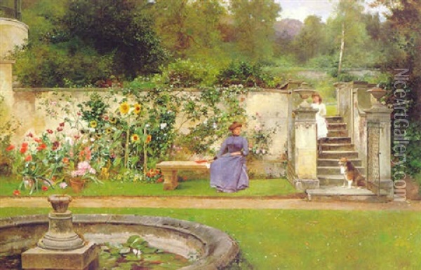 An Old English Garden, Holly Mount, Malvern Oil Painting - David Bates