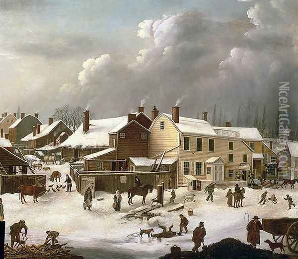 Winter Scene in Brooklyn detail of a street and the Post Office Oil Painting - Francis Guy
