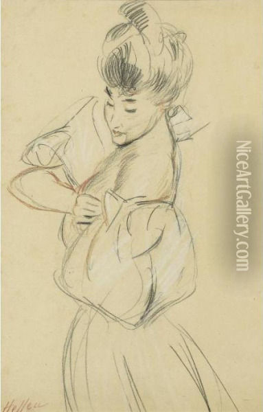 Femme De Profil Arrangeant Sa 
Manche [, A Woman Side View Arranging Her Sleeve; Red, Blak And White 
Chalk, Signed] Oil Painting - Paul Cesar Helleu