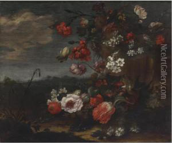 Still Life Of Roses, Tulips, Narcissus And Other Flowers In A Landscape Oil Painting - Bartolomeo Ligozzi