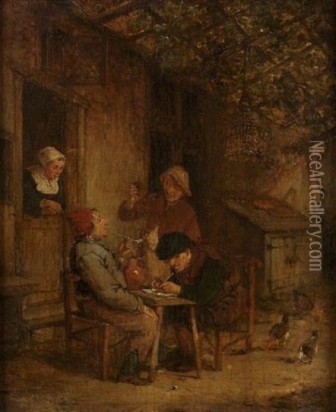 Peasants Smoking And Drinking Outside A Country Cottage Oil Painting - Adriaen Jansz van Ostade
