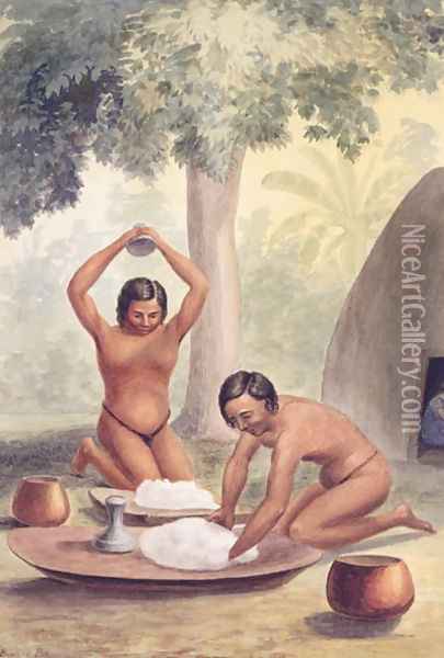 Making poi from kalo, Sandwich Islands, 1852 Oil Painting - James Gay Sawkins