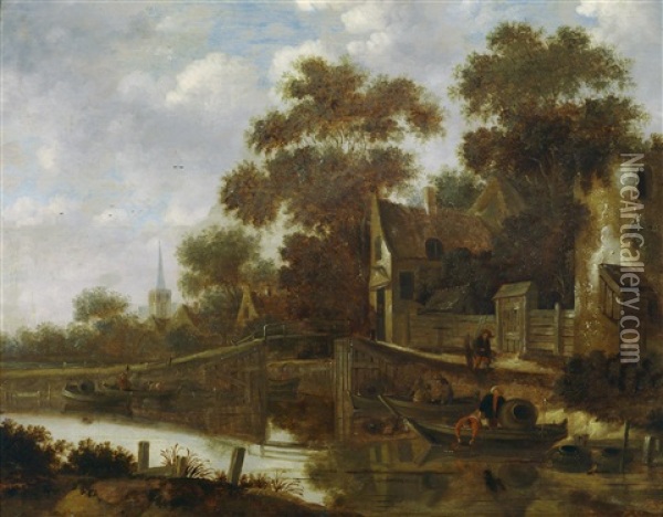Hollandische Kanallandschaft Oil Painting - Thomas Heeremans