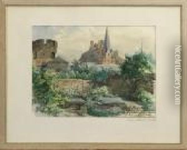 Tillskriven, Stadsbild Med Ringmur Och Ruin, Akvarell, 22x29;med Konstnarsintyg Oil Painting - Josef Wilhelm Wallander