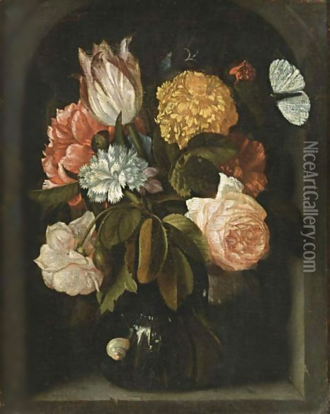 A Still Life With Roses, A Tulip, Carnations, A Peony And Other Flowers, All In A Glass Vase, With A Snail And A Butterfly, In A Stone Niche Oil Painting - Jan Pauwel Gillemans The Elder