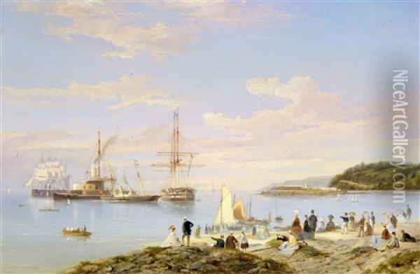 A Squadron Of Her Majesty's Ships - Old And New - Lying In Asia Pass, Plymouth Sound, With Spectators On The Hoe And With Mount Edgcumbe Looming Up Behind Drake's Island Beyond Oil Painting - Pieter Cornelis Dommershuijzen
