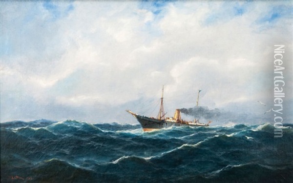 Steamship Oil Painting - Heinrich Leitner