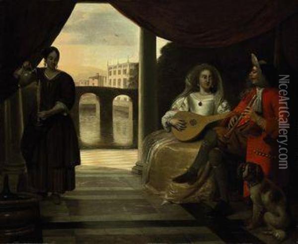 An Elegant Couple Playing Music On A Terrace Looking Out Over Acanal With A Maid Pouring Wine Oil Painting - Pieter De Hooch