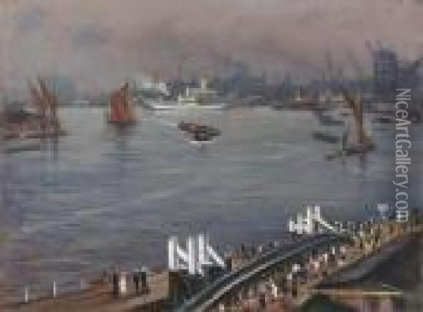 Greenwich Pier Oil Painting - Christopher R. Wynne Nevinson