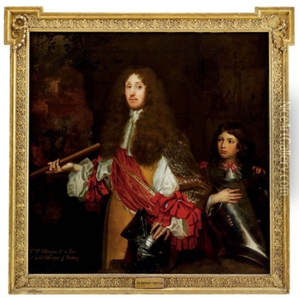 Portrait Of Sir William Widdrington, 2nd Baron Widdrington Of Blankney, In A Buff Coat With White Sleeves With Red Bows, A Young Boy At His Side Oil Painting - Jacob Huysmans