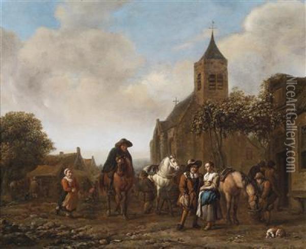 Horsemen Resting On A Village Square Oil Painting - Barend Gael or Gaal