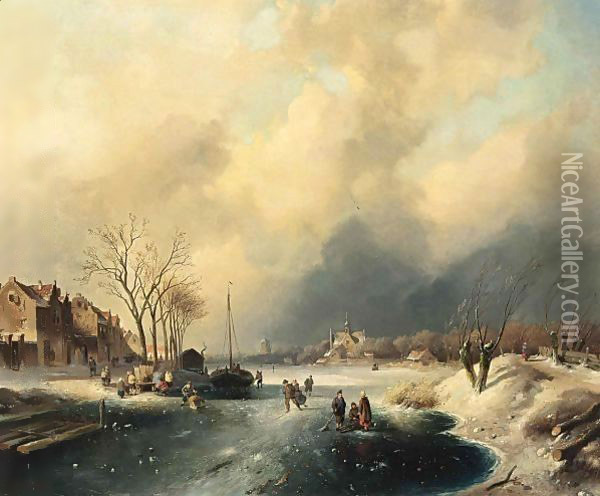 Figures On The Ice By A Dutch Town Oil Painting - Charles Henri Leickert