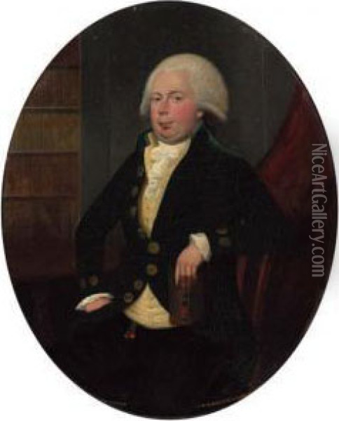 Portrait Of A Gentleman, Small 
Three-quarter-length, In A Greencoat And Yellow Waistcoat, Holding A 
Book, Seated In An Interior;and Portrait Of A Lady, Small Full-length, 
In A White Dress,holding A Book, Seated By A Table, A Landscape Though 
The W Oil Painting - Francis Alleyne