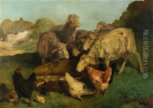 Schafe Und Huhner An Einem Wassertrog In Gebirgiger Landschaft Oil Painting - Eugene Cottin
