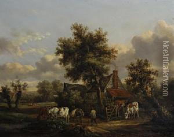 Drover With Cattle Oil Painting - Henry Milbourne