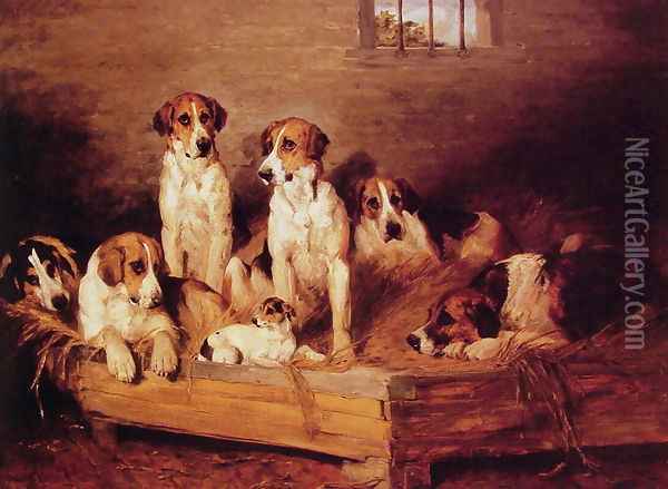 Foxhounds and Terriers in a Kennel Oil Painting - John Emms