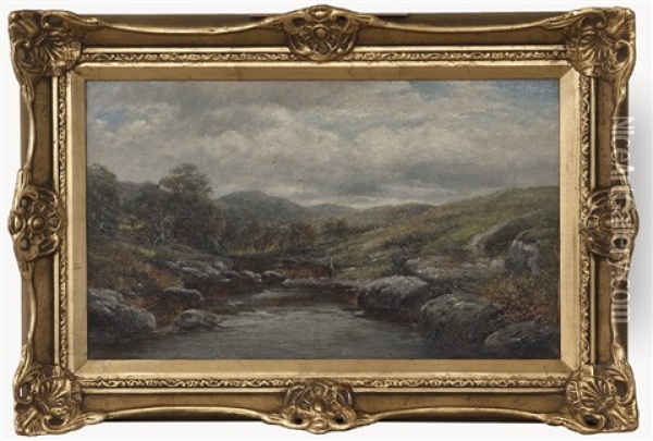 Bergigt Landskap Med Flod Och Fiskare Oil Painting - William E. Harris