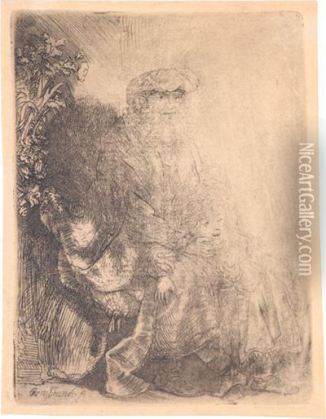 Abraham Caressing Isaac. Oil Painting - Rembrandt Van Rijn