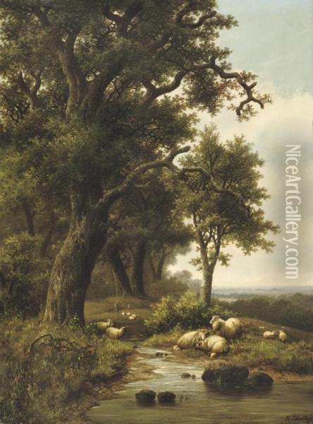 Sheep Near A Forest Stream Oil Painting - Hendrik Pieter Koekkoek