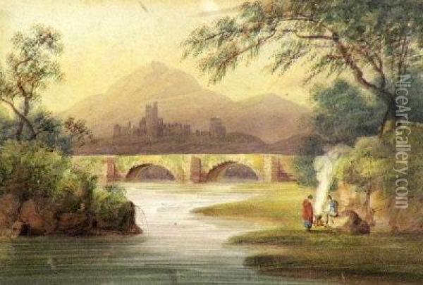 Figures On A Riverbank With Distant Castle Beyond Oil Painting - John Varley