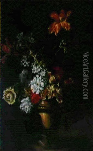Bouquet De Fleurs Dans Un Vase De Bronze Sur Un Entablement Oil Painting - Antoine Monnoyer