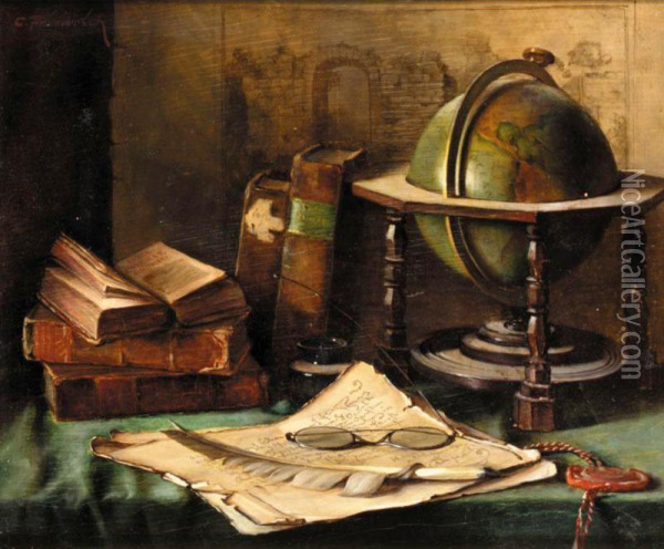 Still Life With Globe And Books On A Desk Oil Painting - Caroline Therese Friedrich