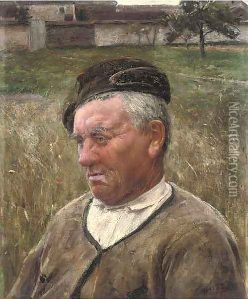 A farmer in a meadow Oil Painting - Jose Julio de Souza-Pinto