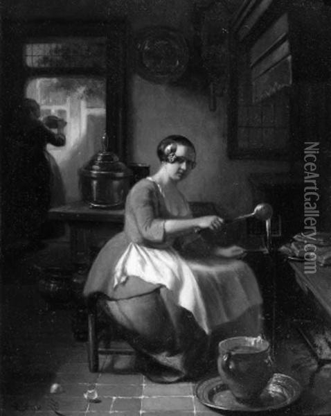 A Kitchen Maid Baking Waffles Oil Painting - Hubertus, Huib Van Hove