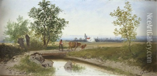 Bauer Mit Kuh Und Kalb In Landschaft Oil Painting - Adolf Kaufmann
