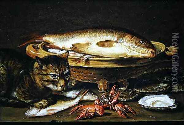 A still life with carp in a ceramic colander, oysters, crayfish, roach and a cat on the ledge beneath Oil Painting - Clara Peeters