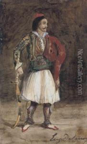 A Standing Man Wearing Greek Souliot Costume Oil Painting - Eugene Delacroix