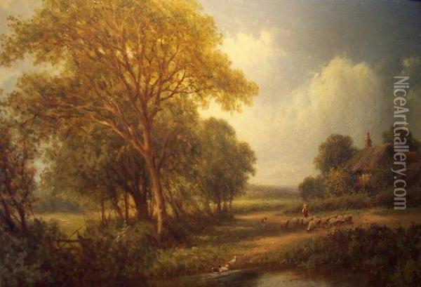 Shepherd With Flock By A Stream Oil Painting - Henry Maidment