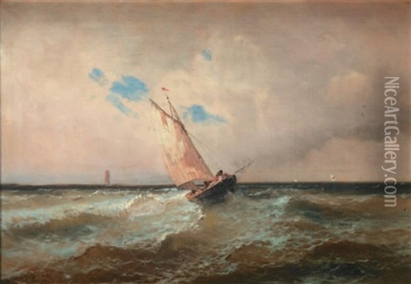 Barque De Peche Sous Le Vent Dans La Houle Oil Painting - Alfred Godchaux
