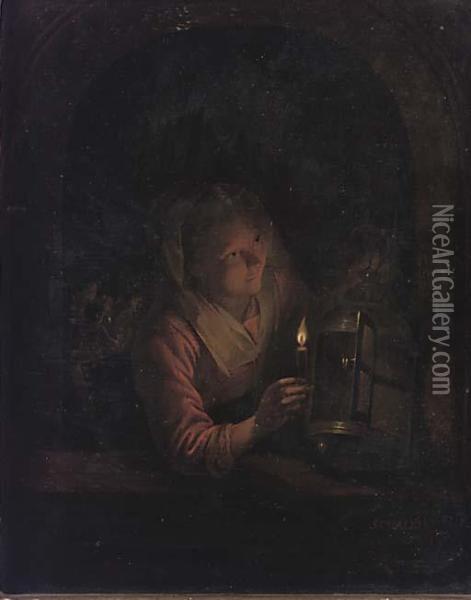 A Girl At A Window Oil Painting - Godfried Schalcken