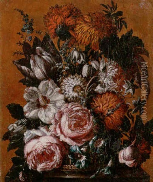 Still Life Of Roses, Chrysanthemums, Tulips, Morning Glory, Narcissi And Other Flowers In A Wicker Basket On A Stone Plinth Oil Painting - Jean George Christian Coclers