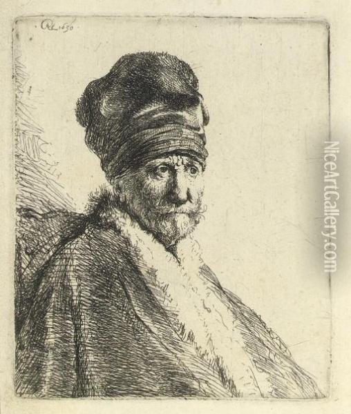 Bust Of A Man Wearing A High Cap: (the Artists Father ?) (b., Holl. 321; H. 22) Oil Painting - Rembrandt Van Rijn