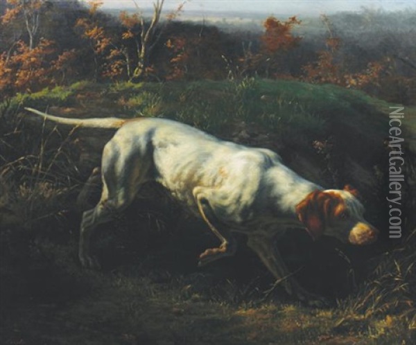 Portrait Of A Gun Dog In A Landscape Oil Painting - Ernst Meister